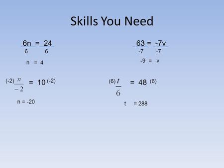 Skills You Need 6n = 24 63 = -7v = 10 = 48 6 n = 4 -7 -9 = v (-2) n = -20 (6) t = 288.