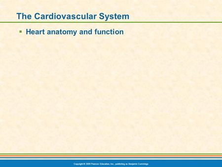 Copyright © 2009 Pearson Education, Inc., publishing as Benjamin Cummings The Cardiovascular System  Heart anatomy and function.