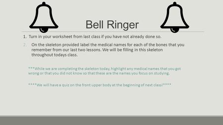 Bell Ringer 1. Turn in your worksheet from last class if you have not already done so. On the skeleton provided label the medical names for each of the.