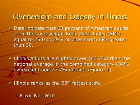 Overweight and Obesity in Illinois Data indicate that 68 percent of American adults are either overweight Body Mass Index (BMI) equal to 25.0 to 29.9 or.