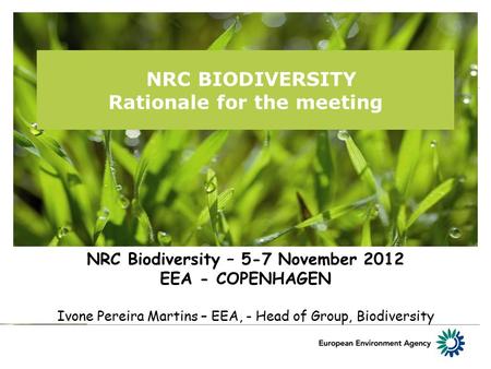 NRC BIODIVERSITY Rationale for the meeting NRC Biodiversity – 5-7 November 2012 EEA - COPENHAGEN Ivone Pereira Martins – EEA, - Head of Group, Biodiversity.