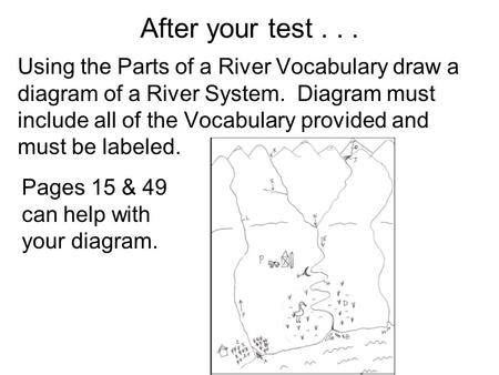 After your test . . . Using the Parts of a River Vocabulary draw a diagram of a River System. Diagram must include all of the Vocabulary provided and.