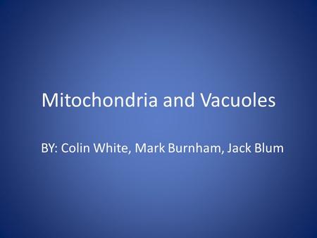 Mitochondria and Vacuoles BY: Colin White, Mark Burnham, Jack Blum.