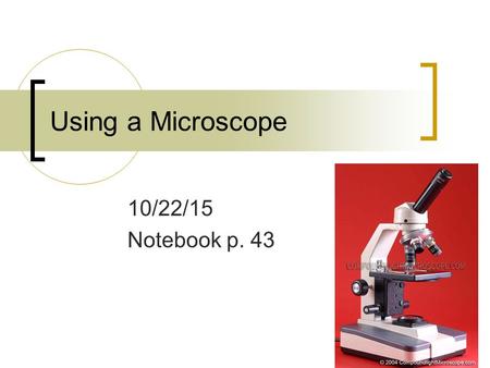 Using a Microscope 10/22/15 Notebook p. 43 Finding the total magnifying power: PowerEyepieceMultiplyObjective lens Total power Low power 10X440x Medium.