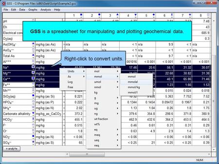 GSS is a spreadsheet for manipulating and plotting geochemical data. Right-click to convert units.