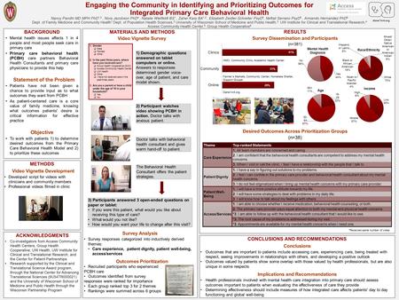 Engaging the Community in Identifying and Prioritizing Outcomes for Integrated Primary Care Behavioral Health Nancy Pandhi MD MPH PhD 1,3, Nora Jacobson.