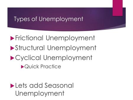 Types of Unemployment  Frictional Unemployment  Structural Unemployment  Cyclical Unemployment  Quick Practice  Lets add Seasonal Unemployment.