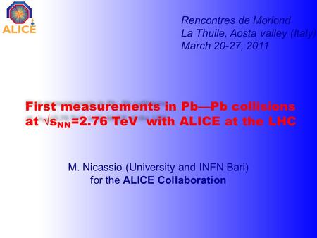 First measurements in Pb—Pb collisions at  s NN =2.76 TeV with ALICE at the LHC M. Nicassio (University and INFN Bari) for the ALICE Collaboration Rencontres.