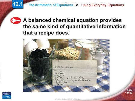 Slide 1 of 30 © Copyright Pearson Prentice Hall > The Arithmetic of Equations Using Everyday Equations A balanced chemical equation provides the same kind.