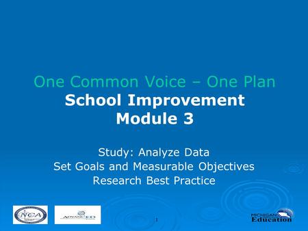1 One Common Voice – One Plan School Improvement Module 3 Study: Analyze Data Set Goals and Measurable Objectives Research Best Practice.