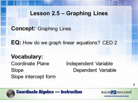 Lesson 2.5 – Graphing Lines Concept: Graphing Lines EQ: How do we graph linear equations? CED 2 Vocabulary: Coordinate PlaneIndependent Variable SlopeDependent.