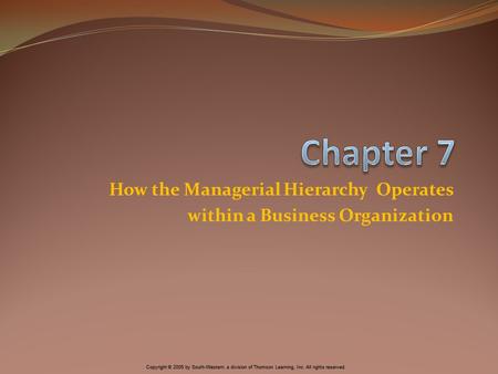 Copyright © 2005 by South-Western, a division of Thomson Learning, Inc. All rights reserved. How the Managerial Hierarchy Operates within a Business Organization.