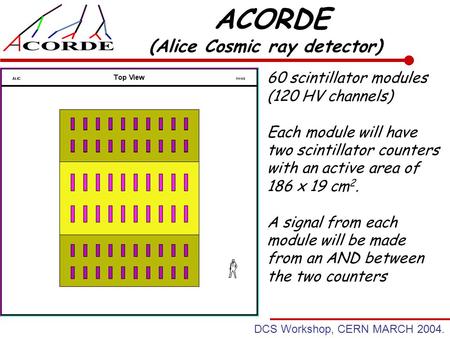 DCS Workshop, CERN MARCH 2004. ACORDE (Alice Cosmic ray detector) 60 scintillator modules (120 HV channels) Each module will have two scintillator counters.