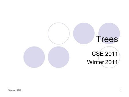 24 January 20161 Trees CSE 2011 Winter 2011. 2 Trees Linear access time of linked lists is prohibitive  Does there exist any simple data structure for.