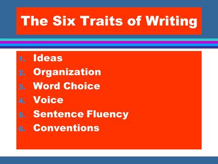 The Six Traits of Writing 1. Ideas 2. Organization 3. Word Choice 4. Voice 5. Sentence Fluency 6. Conventions.