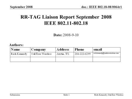 Doc.: IEEE 802.18-08/0064r1 Submission September 2008 Rich Kennedy, OakTree WirelessSlide 1 RR-TAG Liaison Report September 2008 IEEE 802.11-802.18 Date: