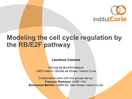 Modeling the cell cycle regulation by the RB/E2F pathway Laurence Calzone Service de Bioinformatique U900 Inserm / Ecoles de Mines / Institut Curie Collaborative.