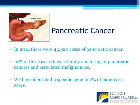 Pancreatic Cancer In 2012 there were 43,920 cases of pancreatic cancer. 10% of these cases have a family clustering of pancreatic cancers and associated.
