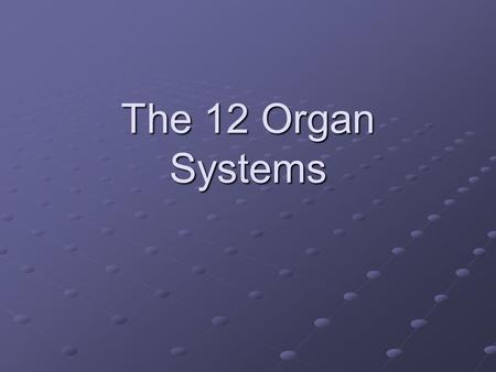 The 12 Organ Systems. I. Integumentary System A. Function: 1. External body covering 2. Protects tissues from injury 3. Synthesizes vitamin D B. Includes:
