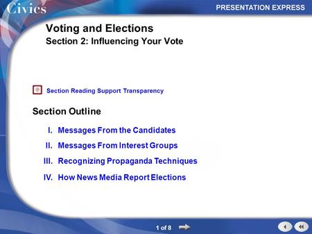Section Outline 1 of 8 Voting and Elections Section 2: Influencing Your Vote I.Messages From the Candidates II.Messages From Interest Groups III.Recognizing.