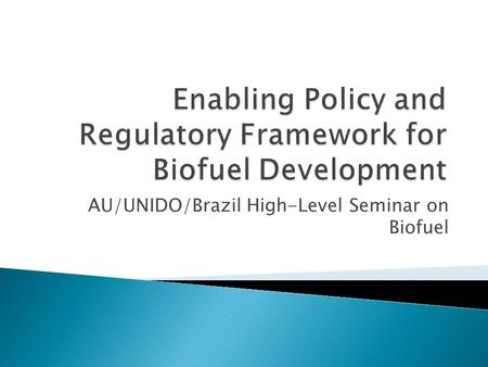 AU/UNIDO/Brazil High-Level Seminar on Biofuel.  Policies are required to reflect the country’s development vision for the sector  Required to establish.