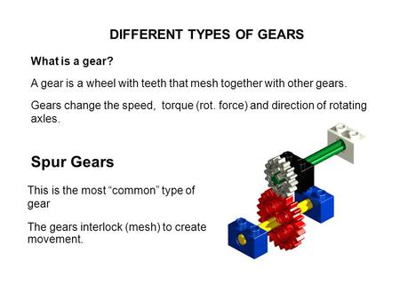 Spur Gears DIFFERENT TYPES OF GEARS What is a gear?