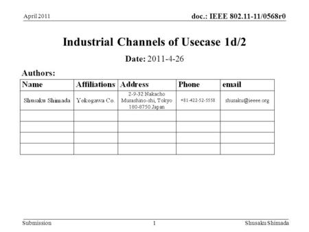 Doc.: IEEE 802.11-11/0568r0 Submission April 2011 Shusaku Shimada 1 Industrial Channels of Usecase 1d/2 Date: 2011-4-26 Authors: