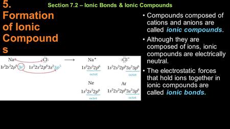5. Formation of Ionic Compound s Compounds composed of cations and anions are called ionic compounds. Although they are composed of ions, ionic compounds.