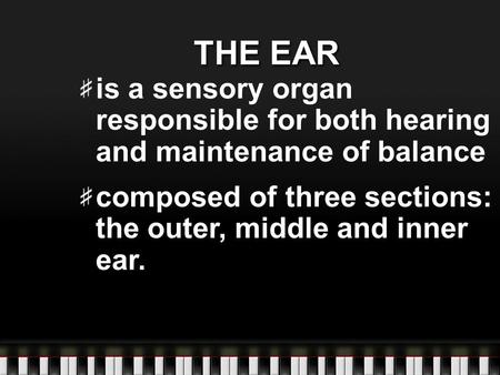 THE EAR is a sensory organ responsible for both hearing and maintenance of balance composed of three sections: the outer, middle and inner ear.