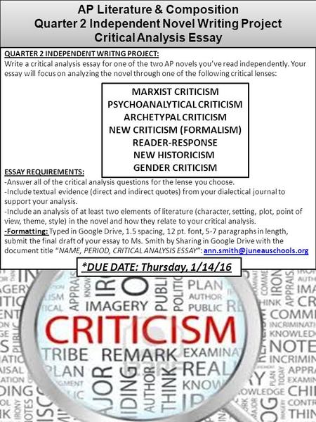QUARTER 2 INDEPENDENT WRITNG PROJECT: Write a critical analysis essay for one of the two AP novels you’ve read independently. Your essay will focus on.