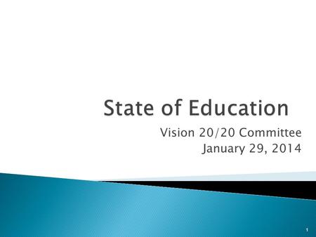 Vision 20/20 Committee January 29, 2014 1.  Introduced Annual Measurable Objectives (AMOs) to determine student, school, district and state achievement.