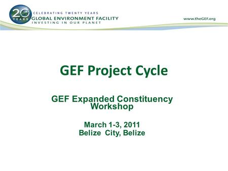 GEF Project Cycle GEF Expanded Constituency Workshop March 1-3, 2011 Belize City, Belize.