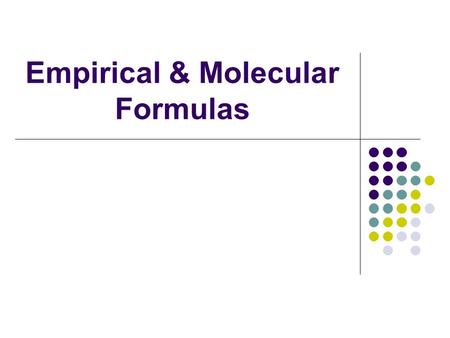 Empirical & Molecular Formulas. Percent Composition Def – the percent by mass of each element in a compound Percent by mass = mass of element x 100 mass.