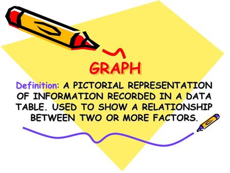 GRAPH Definition: A PICTORIAL REPRESENTATION OF INFORMATION RECORDED IN A DATA TABLE. USED TO SHOW A RELATIONSHIP BETWEEN TWO OR MORE FACTORS.