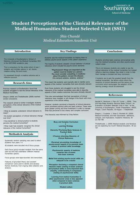 Student Perceptions of the Clinical Relevance of the Medical Humanities Student Selected Unit (SSU) Shiv Chandé Medical Education Academic Unit Introduction.