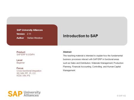 Introduction to SAP SAP University Alliances Version 2.11