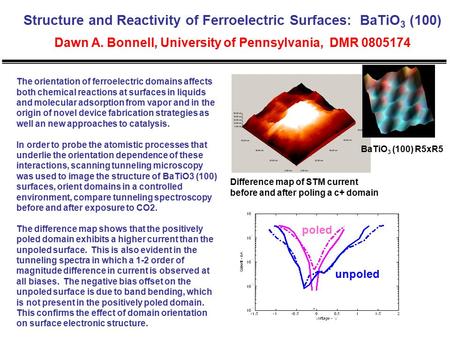 Structure and Reactivity of Ferroelectric Surfaces: BaTiO 3 (100) Dawn A. Bonnell, University of Pennsylvania, DMR 0805174 The orientation of ferroelectric.