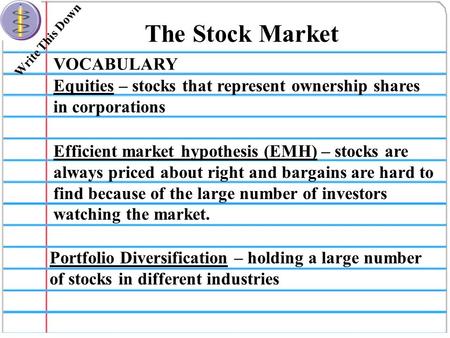 Write This Down The Stock Market VOCABULARY Equities – stocks that represent ownership shares in corporations Efficient market hypothesis (EMH) – stocks.