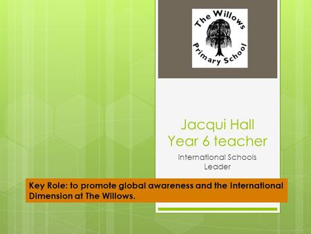 Jacqui Hall Year 6 teacher International Schools Leader Key Role: to promote global awareness and the International Dimension at The Willows.