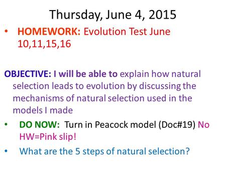 Thursday, June 4, 2015 HOMEWORK: Evolution Test June 10,11,15,16 OBJECTIVE: I will be able to explain how natural selection leads to evolution by discussing.