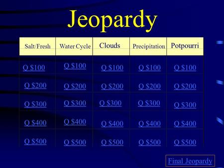 Jeopardy Salt/FreshWater Cycle Clouds Precipitation Potpourri Q $100 Q $200 Q $300 Q $400 Q $500 Q $100 Q $200 Q $300 Q $400 Q $500 Final Jeopardy.