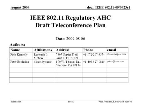 Doc.: IEEE 802.11-09/0923r1 Submission August 2009 Rich Kennedy, Research In MotionSlide 1 IEEE 802.11 Regulatory AHC Draft Teleconference Plan Date: 2009-08-06.