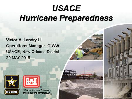 US Army Corps of Engineers BUILDING STRONG ® USACE Hurricane Preparedness Victor A. Landry III Operations Manager, GIWW USACE, New Orleans District 20.
