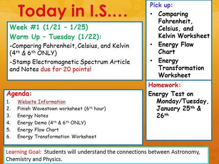 Pick up: Comparing Fahrenheit, Celsius, and Kelvin Worksheet Energy Flow Chart Energy Transformation Worksheet Agenda: 1.Website InformationWebsite Information.