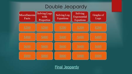 Double Jeopardy $200 Miscellaneous Facts Solving Logs with Properties Solving Log Equations Solving Exponential Equations Graphs of Logs $400 $600 $800.