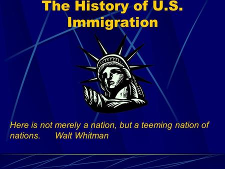 The History of U.S. Immigration Here is not merely a nation, but a teeming nation of nations.Walt Whitman.