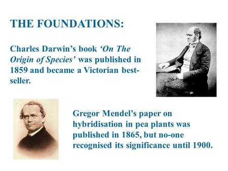 THE FOUNDATIONS: Gregor Mendel’s paper on hybridisation in pea plants was published in 1865, but no-one recognised its significance until 1900. Charles.