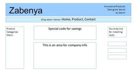 Zabenya Drop down menus: Home, Product, Contact Innovative Products Taking the World by Storm Product Categories Menu This is an area for company info.