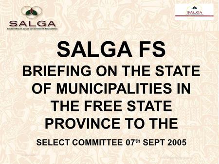 SALGA FS BRIEFING ON THE STATE OF MUNICIPALITIES IN THE FREE STATE PROVINCE TO THE SELECT COMMITTEE 07 th SEPT 2005.