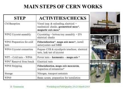 Workshop on Field Quality 20-21 March 2003D. Tommasini MAIN STEPS OF CERN WORKS STEPACTIVITIES/CHECKS CM ReceptionVisual insp. & unloading, electrical.